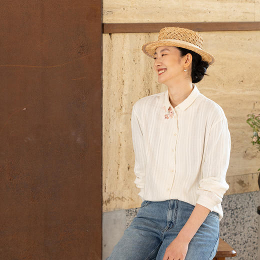 牧衣游原创 条纹纯棉手工刺绣衬衫白色休闲百搭素雅文艺衬衣 西木 商品图0