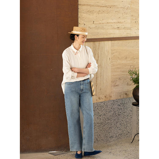 牧衣游原创 条纹纯棉手工刺绣衬衫白色休闲百搭素雅文艺衬衣 西木 商品图3