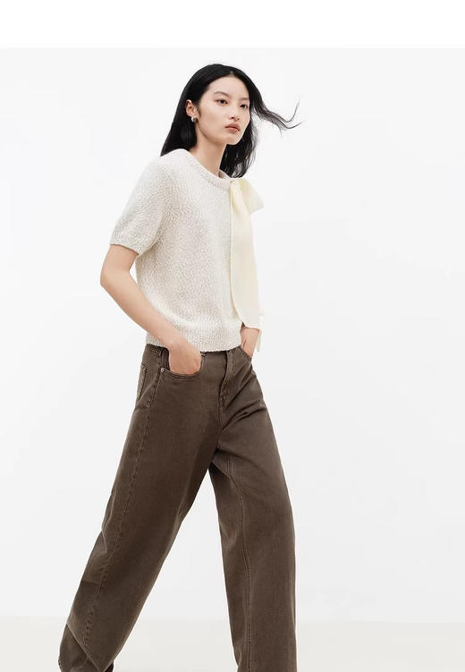 MO*同款轻绉蝴蝶结装饰粗粝竹节纱肌理短袖针织 商品图2