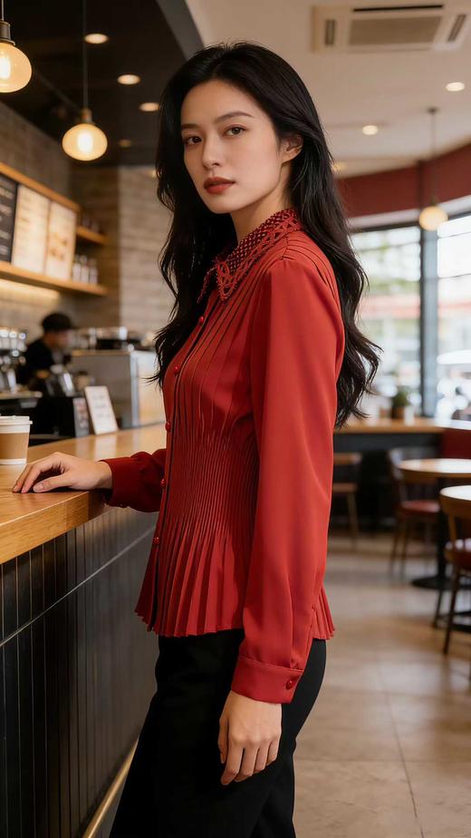 SC1F03 红色衬衫 精致刺绣蕾丝领、全身压褶工艺、收腰显瘦版型，全身采用精密细褶压皱工艺，久穿不易变形，端庄优雅中式气质。 商品图1