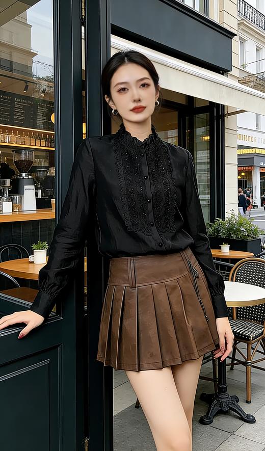 伯妮斯茵 | 气质优雅 长袖衬衫 蕾丝拼接立领  垂感缎面  通勤约会 SC1F02 商品图0