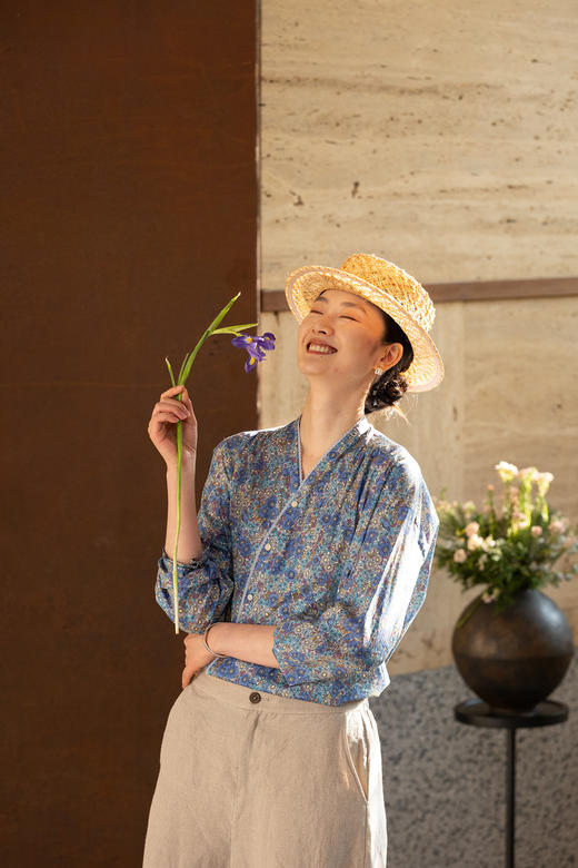 牧衣游原创 80支新疆长绒棉印花衬衫蓝色文艺减龄百搭开衫 梧桐 商品图5