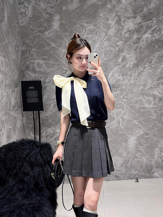 MO*同款轻绉蝴蝶结装饰粗粝竹节纱肌理短袖针织 商品图6