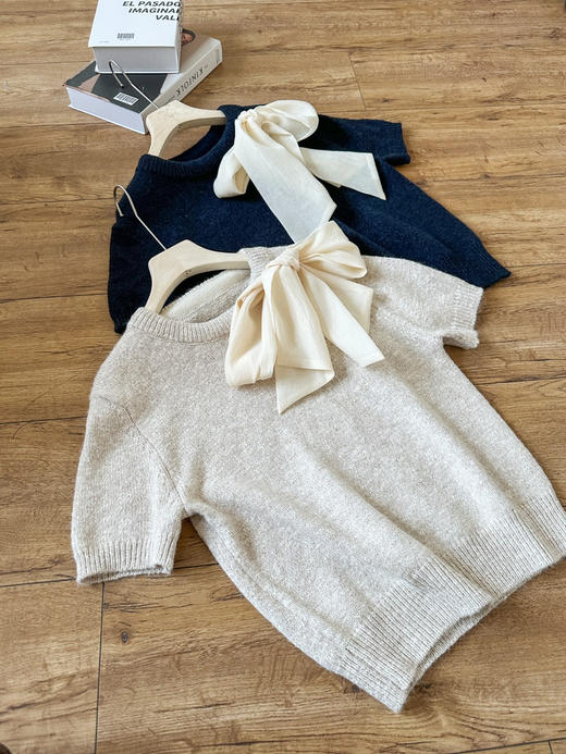 MO*同款轻绉蝴蝶结装饰粗粝竹节纱肌理短袖针织 商品图8