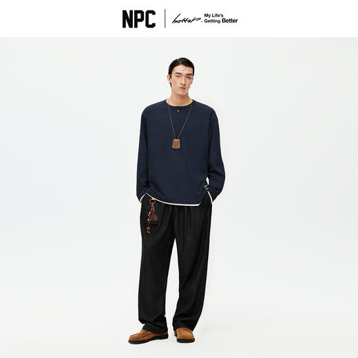NPC潮牌复古半开襟亨利领长袖T恤下摆拼接假二件棉混纺NP5CTL15 商品图1
