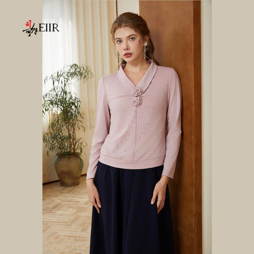 司歌弹力v领扭盘花长袖春秋上衣T921225X 商品图1