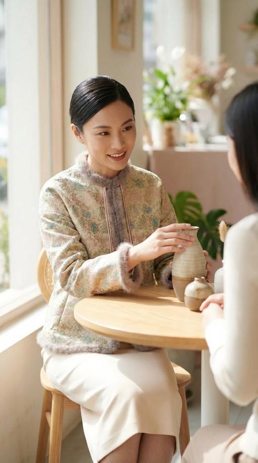 SJ同款轻国风立领夹棉水貂毛花扣外套 商品图2