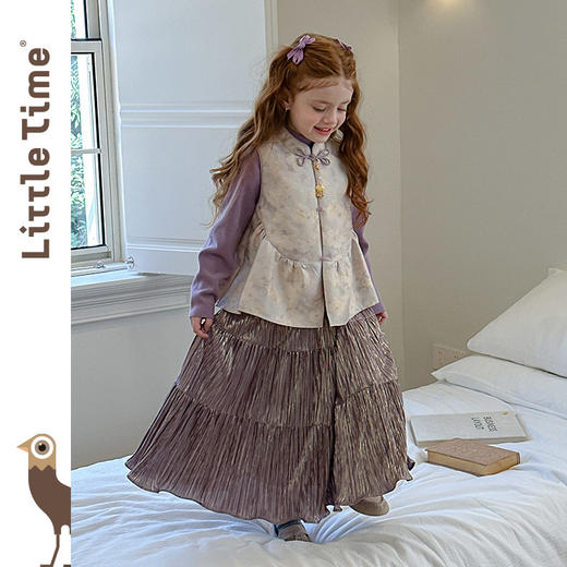 littletime女童套装2025新款中秋儿童新中式国风马甲半身裙三件套 商品图3