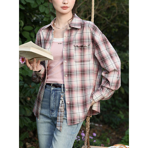 鹿向南「港风柔叙」翻领格子衬衫外套女春季新款宽松轻薄开衫上衣 商品图3