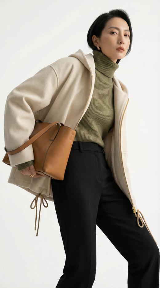 连帽拉链摆收绳中长款外套 商品图5