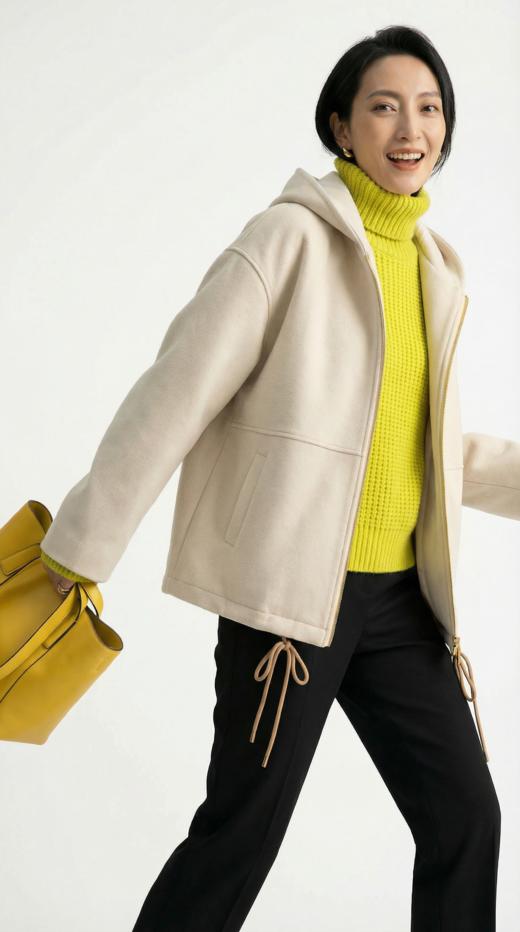 连帽拉链摆收绳中长款外套 商品图0