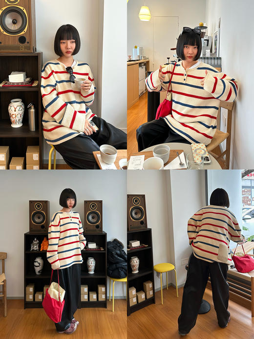 hidemi副线小h 条纹撞色亨利领休闲套头上衣针织衫 商品图4