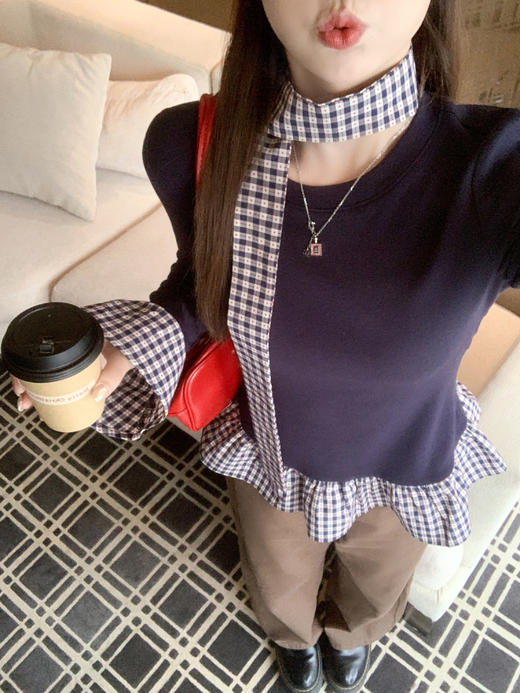 <曾小咸推荐>2.22现货秒杀 ！微信超特价！韩系拼接格子长袖（含丝巾） 日常119.99 立减50 秒杀69.99！！ 商品图7