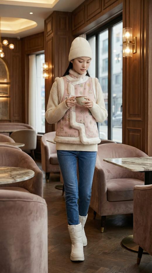 拼边国风夹水貂毛棉马甲 商品图3