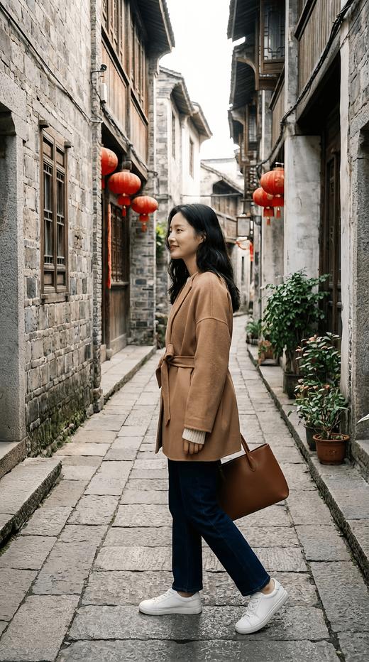 宽袖立裁摆简约双面工艺腰带中长款大衣 商品图1