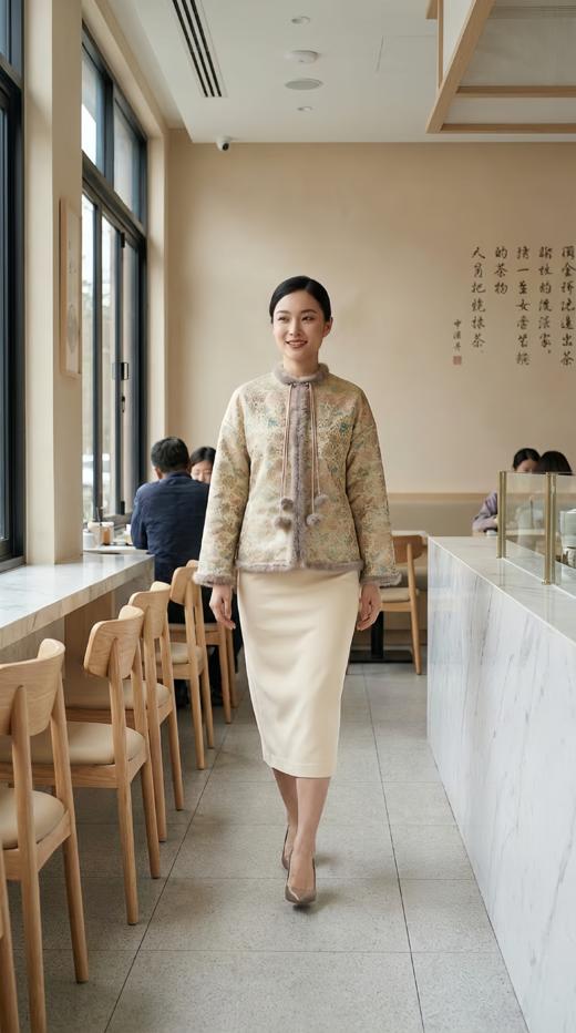 SJ同款轻国风立领夹棉水貂毛花扣外套 商品图0