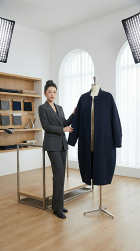 LV领袖口拼接螺纹设计长款双面手工大衣