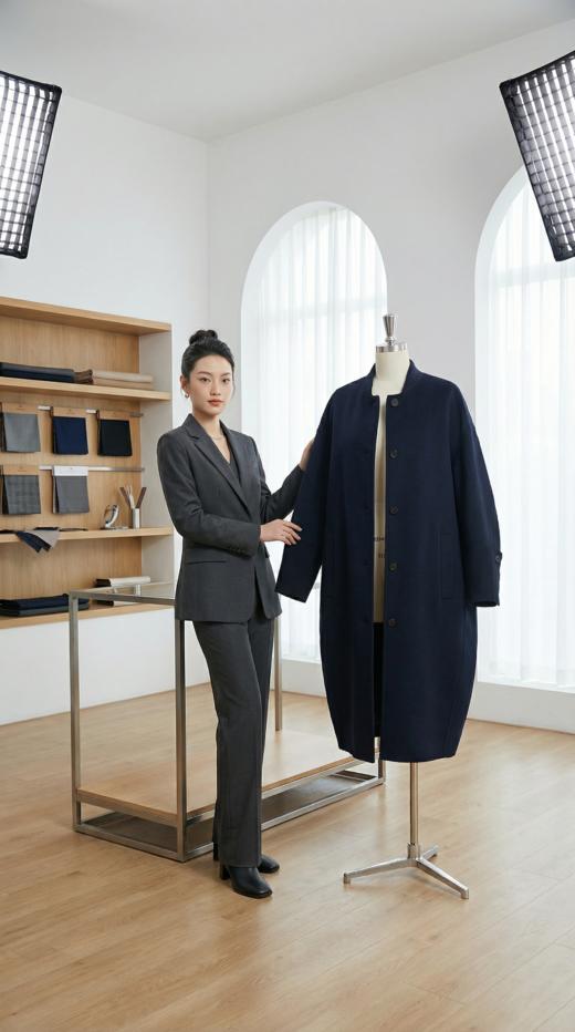 LV领袖口拼接螺纹设计长款双面手工大衣 商品图0