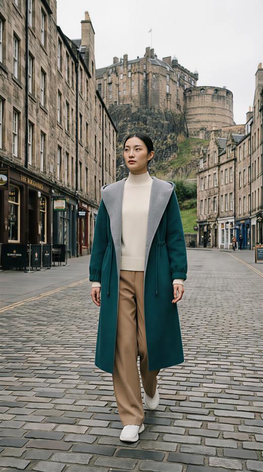 大帽腰抽绳装饰双色双面手工长款大衣 商品图2