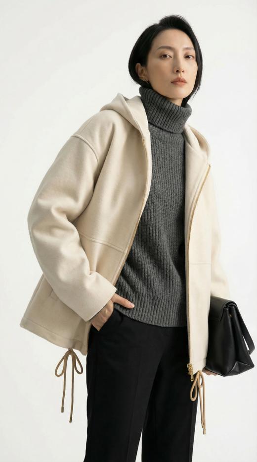 连帽拉链摆收绳中长款外套 商品图3