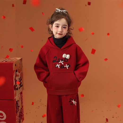 女童装连帽衫套装冬季新款儿童新年红色卫衣裤子拜年服加绒两件套 商品图4