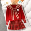 女童红色过年套装女孩秋冬学院风毛衣裙子儿童JK百褶裙拜年服冬装 商品缩略图0
