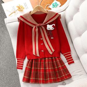 女童红色过年套装女孩秋冬学院风毛衣裙子儿童JK百褶裙拜年服冬装