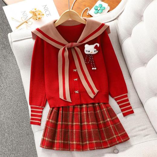 女童红色过年套装女孩秋冬学院风毛衣裙子儿童JK百褶裙拜年服冬装 商品图0