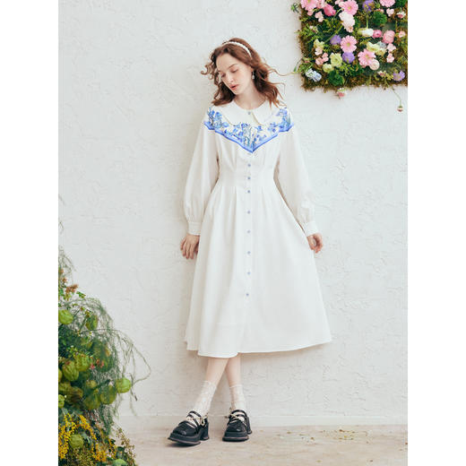 两三事梵高文艺月下鸢尾2026春季新款复古刺绣翻领印花a字连衣裙 商品图1