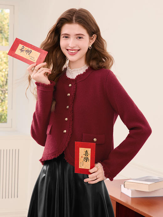 【百图lulu定制】【香风针织开衫】小香风针织外套流苏毛边单排扣纯针织开衫女 商品图0