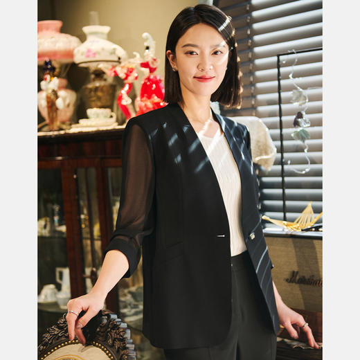 皮尔卡丹女装黑色网纱三醋酸西服上衣外套女P52005U5032B0 商品图4