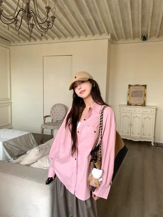 新款多季节冰岛欧尼玫瑰粉廓形棉衬衫 商品图5