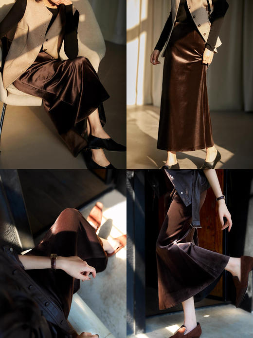 净奢风深焙棕金丝绒波光粼粼半裙 商品图0