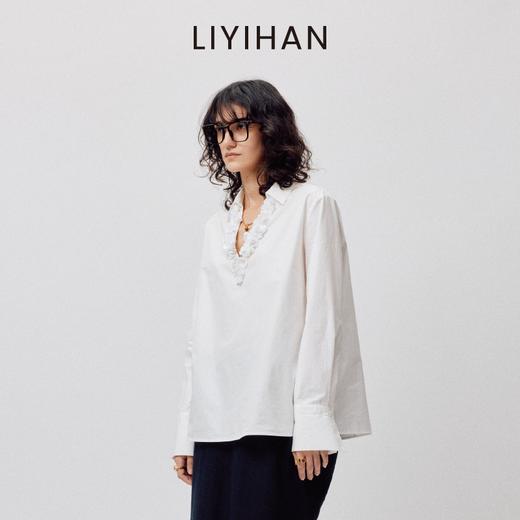 LIYIHAN清月鹊2026春季纯棉V领钉珠衬衫白色女长袖上衣设计感小众 商品图3