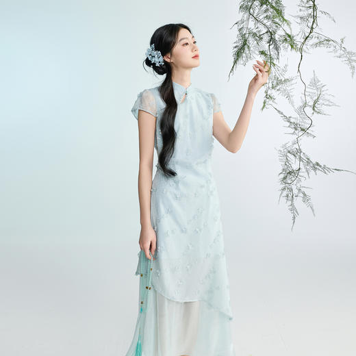 三彩2026春季新款新中式连衣裙假两件拼接立体花朵长裙M 商品图1