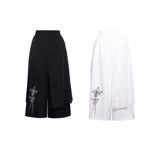 两三事 半夏山风 2026春季新款复古蕾丝拼接刺绣阔腿裤女休闲裤 商品图4