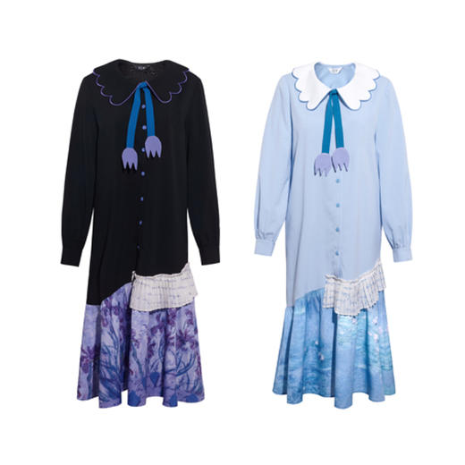 两三事梦溯芳泽2026春季新款印花裙摆可拆郁金香领带娃娃领连衣裙 商品图4