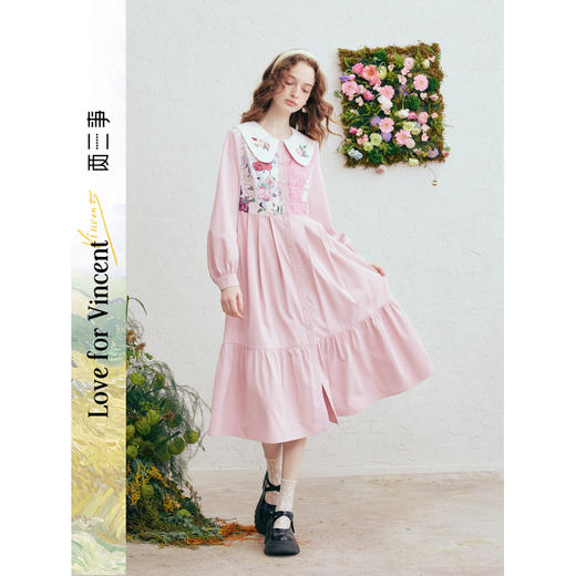 两三事梵高文艺 引力情诗 2026春季新款甜美绣花印花娃娃领连衣裙 商品图0