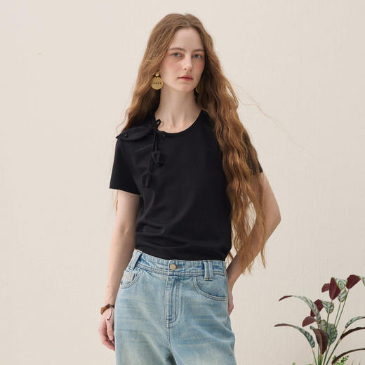 谜底花卉T恤短袖2026年春季新品柔软亲肤珍珠甜美优雅女261MT0056 商品图0