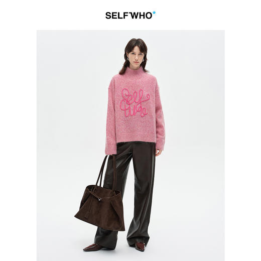 SELFWHO绵羊毛混纺立体绳绣高领毛衣女2026春新款宽松保暖针织衫 商品图2