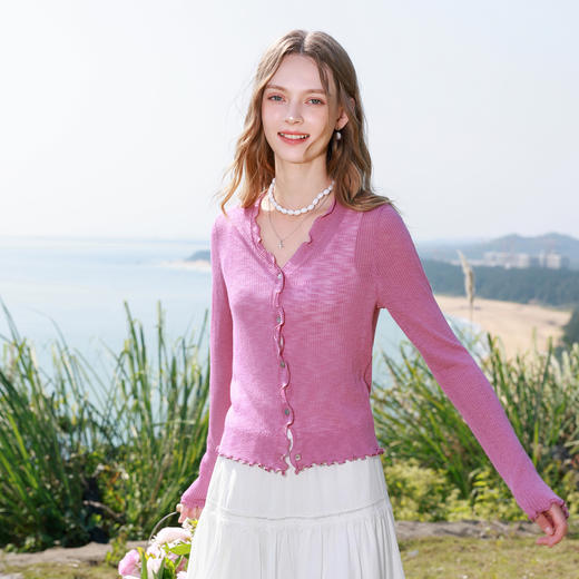 三彩2026春季新款木耳边针织衫V领毛衫短款开衫修身M 商品图2