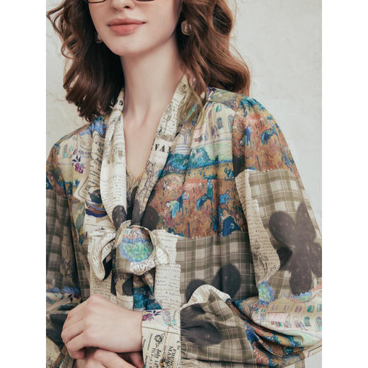 两三事梵高文艺心跳图谱2026春季新款绑带领印花衬衫裙短款连衣裙 商品图3