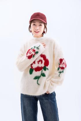 玫瑰提花套头拉毛毛衣