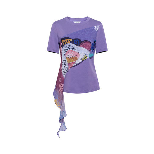 两三事 幽庭信步 2026春季新款时尚不规则印花布拼接短袖t恤女 商品图4