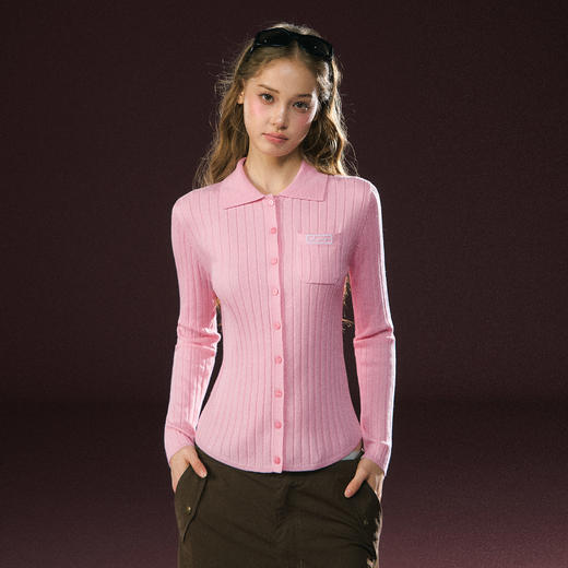 Ariseism 美式复古粉色翻领长袖针织上衣女春季新款 商品图1