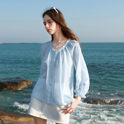 【桑蚕丝】三彩2026春季新款圆领花边衬衫小衫复古衬衣宽松上衣M 商品图3