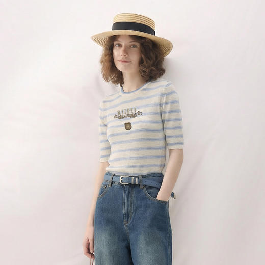 谜底套头针织衫短袖2026春季新品学院风条纹短款上衣女265MZ5029 商品图1