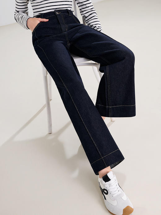 【百图lulu定制】【直尺牛仔裤】深蓝色高腰 条纹翻边 裤脚 九分 直筒牛仔裤 商品图5