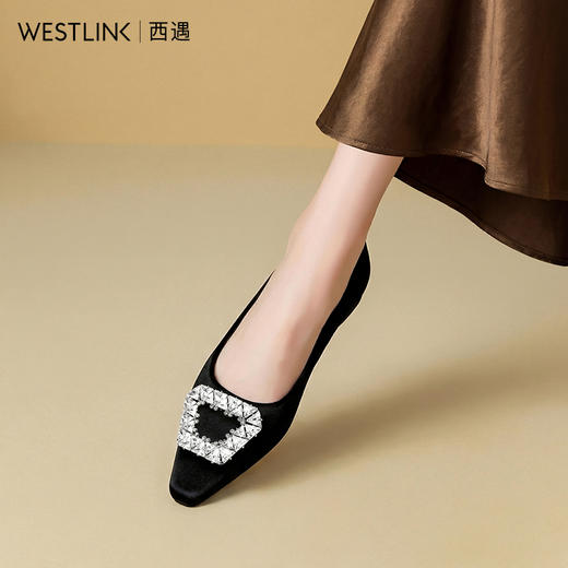 西遇浅口单鞋女2026新款春季尖头水钻方扣通勤一脚蹬女鞋低跟鞋子V0166247 商品图1