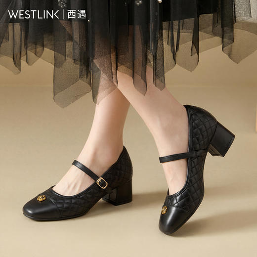 【限时秒杀】西遇浅口玛丽珍鞋女鞋2026新款春季法式小香风一字带菱格粗跟单鞋V0166284 商品图3